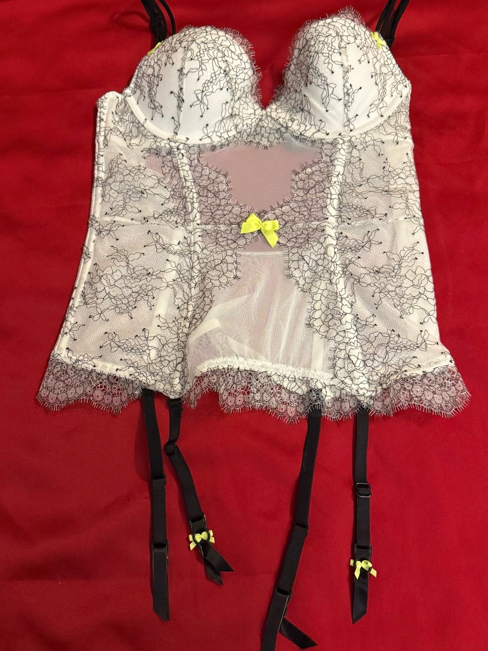 Victoria's Secret White Sheer Lace Bustier with Black Lace and Yellow Accents